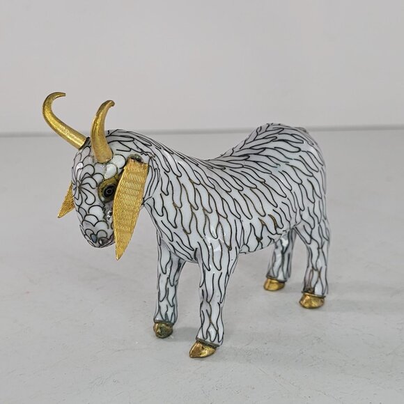 VIntage Cloisonne Enamel Copper Brass Standing Horned Goat Figurine White Gold - Picture 3 of 8